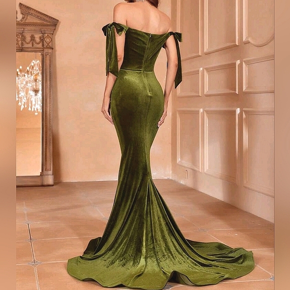 New Glam Velvet Ruched Bodycon Stretch Maxi Mermaid Gown Dress Olive Green - Picture 5 of 10